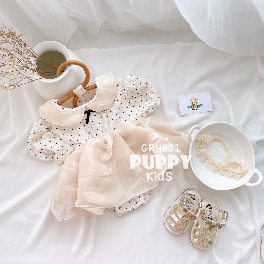 (GRH331) (5-13kg) Áo liền quần dành cho em bé gái (Puppy Kids) chấm bi, váy voan lụa.