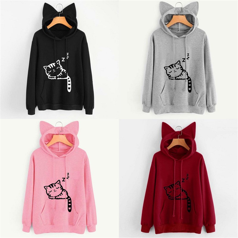 Áo hoodie nữ phối tai mèo và in hình mèo thời trang xinh xắn