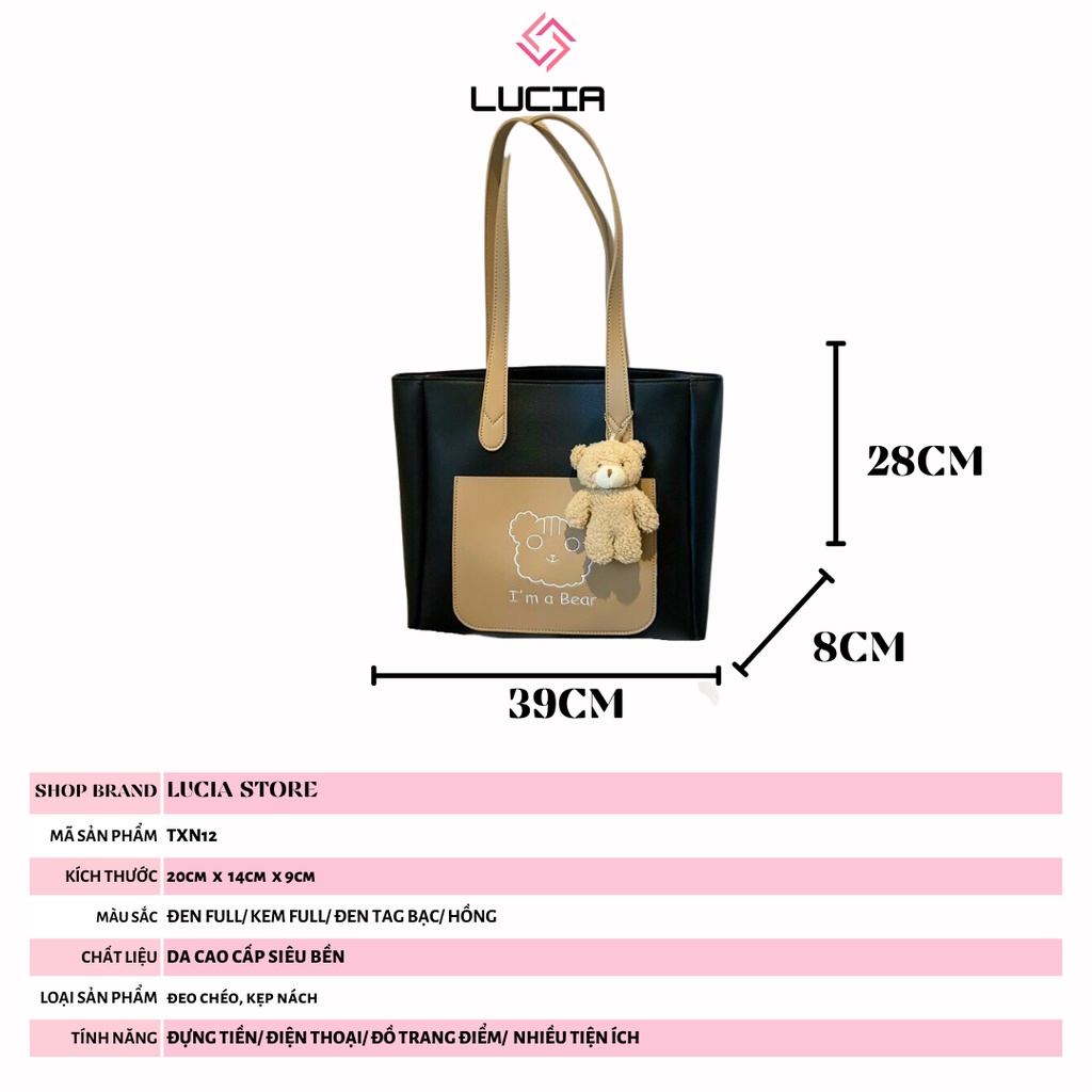 Túi tote da đeo vai nữ vừa sách vở A4 túi xách nữ to cao cấp đẹp kèm phụ kiện gấu LUCIA STORE TXN66