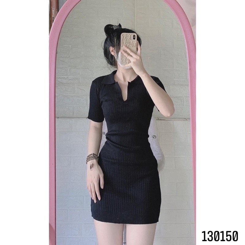 Đầm boddy thun gân cổ bẻ xẻ v