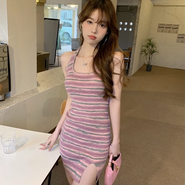 【ZHELIHANGFEI】Đầm Dệt Kim Cổ Yếm Xẻ Tà Kẻ Sọc Quyến Rũ Thời Trang Cho Nữ