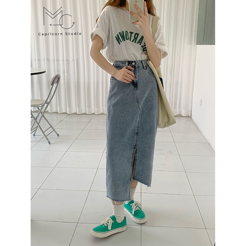 Chân váy Jean dài xẻ vạt lệch cá tính phong cách Ulzzang Hàn Quốc [MinC.Studio - MCCV005] | BigBuy360 - bigbuy360.vn