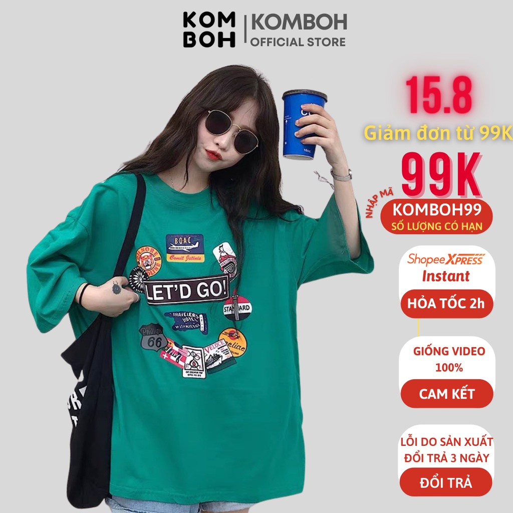 Áo phông form rộng KOMOBH tay lỡ unisex xanh lá đẹp oversize, áo thun nam nữ form rộng LET'D GO A19