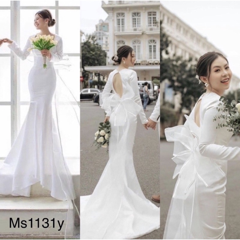 Đầm dự tiệc body đuôi cá cô dâu nơ voan hở lưng tay dài cao cấp Sahana
