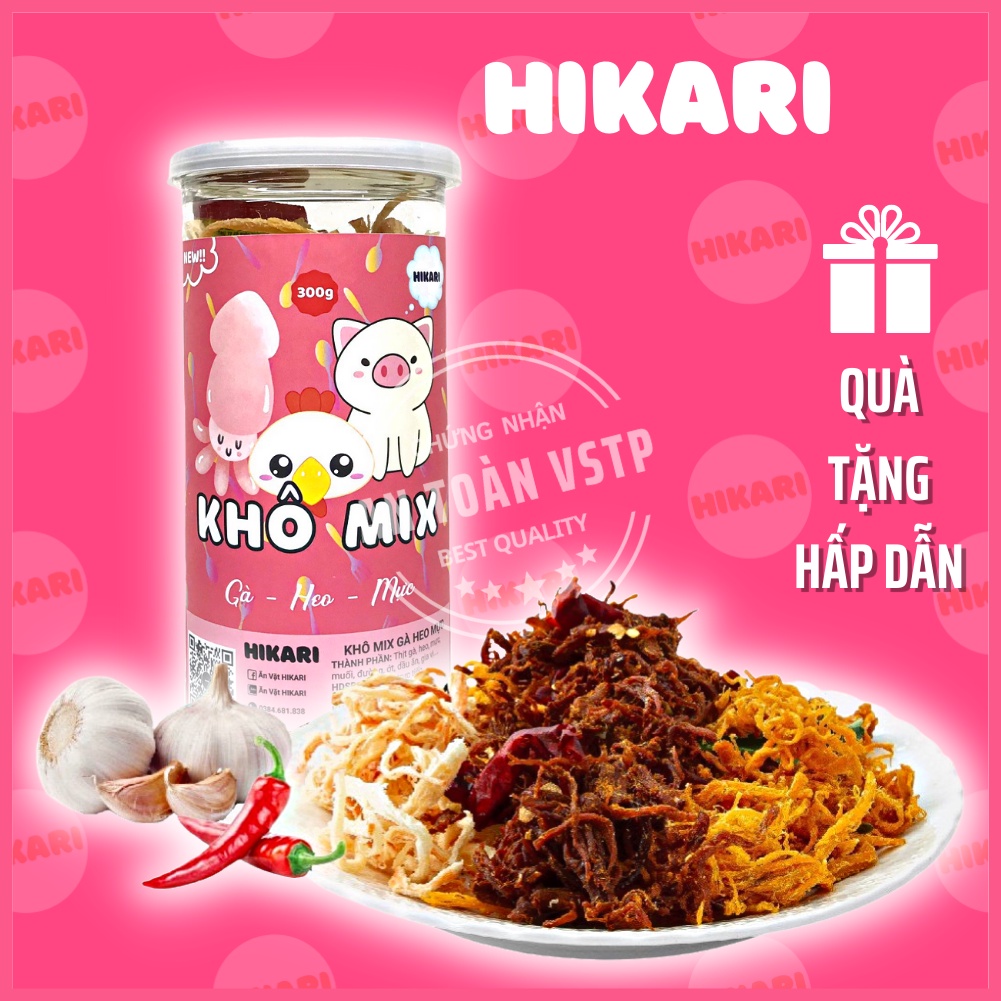 Khô mix 3 vị gà heo mực 300g đồ ăn vặt ngon an toàn vệ sinh thực phẩm - Hikari