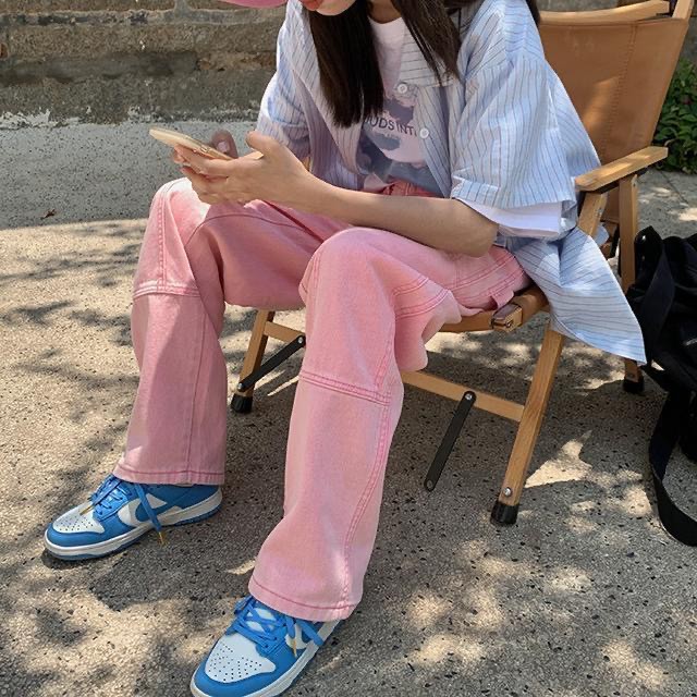 ✨PINKKKK JEANS✨Quần Jeans Ống Rộng Lưng Cao Màu Hồng Thiết Kế Năng Động Thời Trang | BigBuy360 - bigbuy360.vn