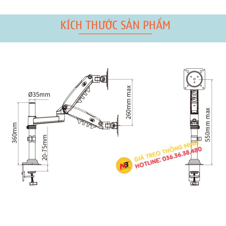 Giá Treo Màn Hình NB H80 17 - 27 Inch - Tay Treo Màn Hình Máy Tính Gắn Bàn Xoay 360 Độ