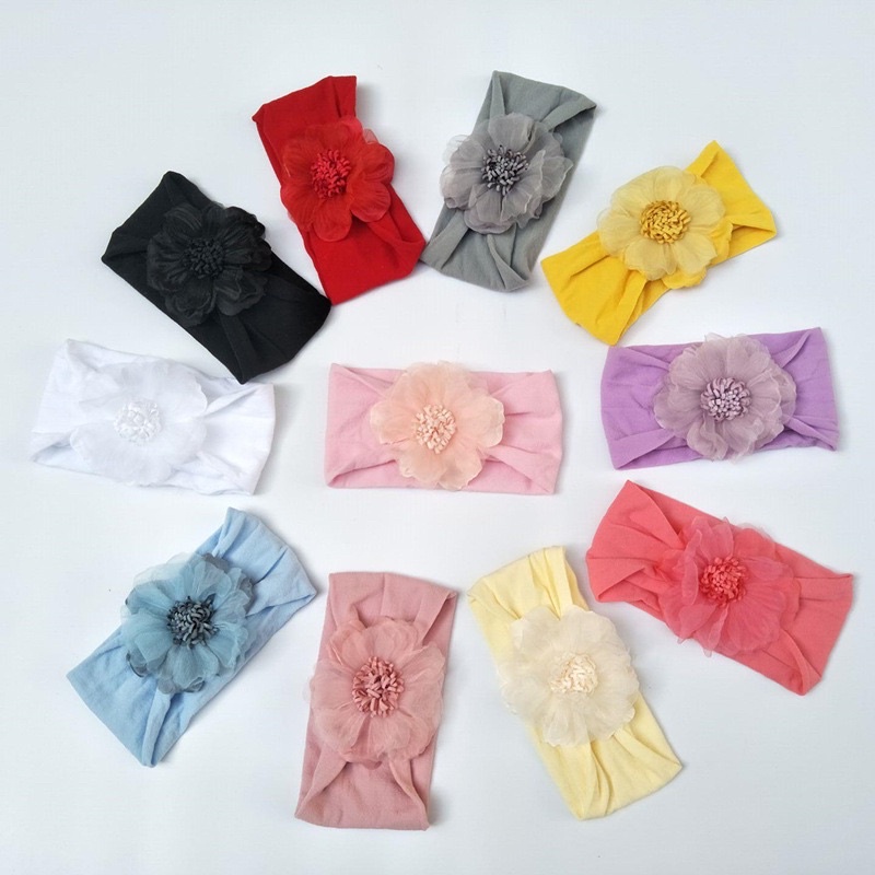 Turban vải bản to đính hoa voan siêu dễ thương cho em bé sơ sinh tới 3 tháng, vải cotton mềm mát