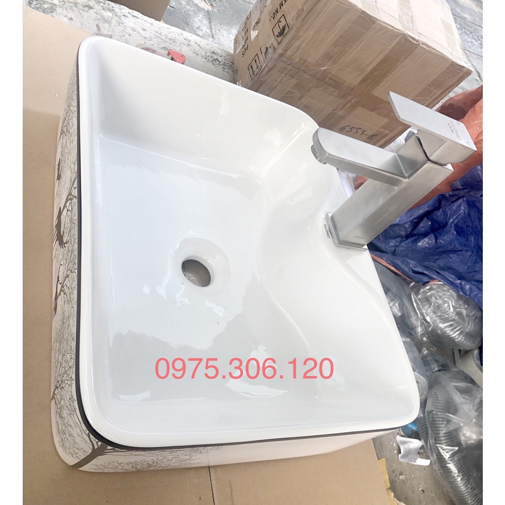 Chậu rửa mặt lavabo Đặt Bàn Đá 8816HV-HOA VĂN CON HƯƠU thương hiệu NA.GRAND, men NANO trắng sáng chống ố chống bám bẩn