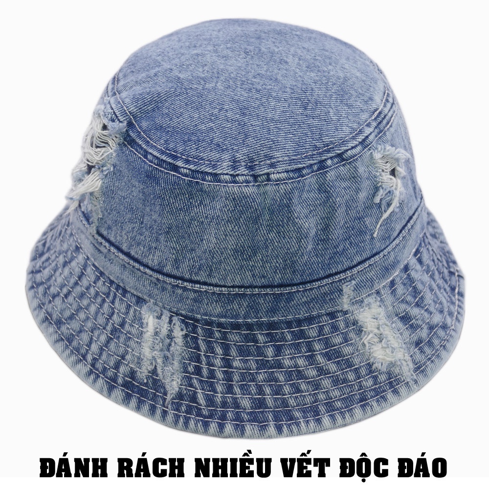 Nón bucket jean rách bụi cá tính không thêu, không có quai nón