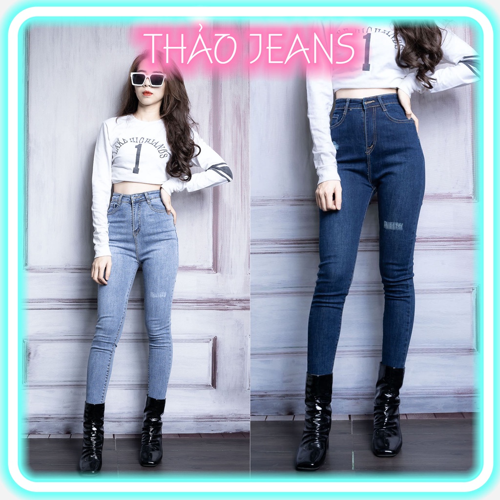 Quần Dài Nữ Lưng Cao, Quần Jean Dáng Ôm Cuốn Lai Rách Nhẹ