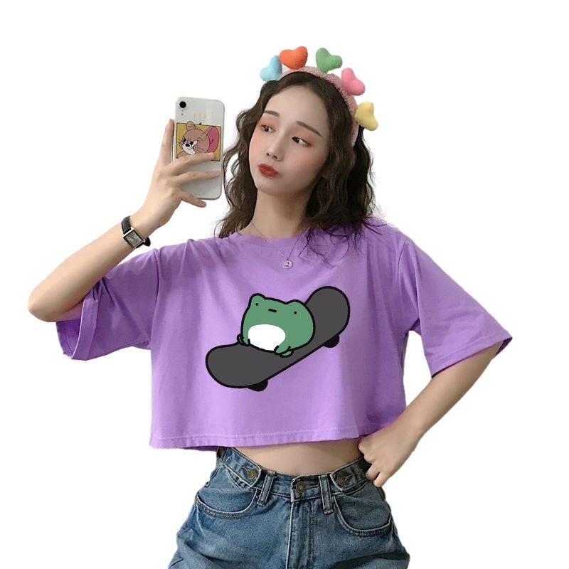 Áo Thun Crotop Form Rộng Tay Ngắn Chất Cotton Mền Mại In Hình Ếch Trượt Ván Ulzzang Style Hàn Quốc TTT0128