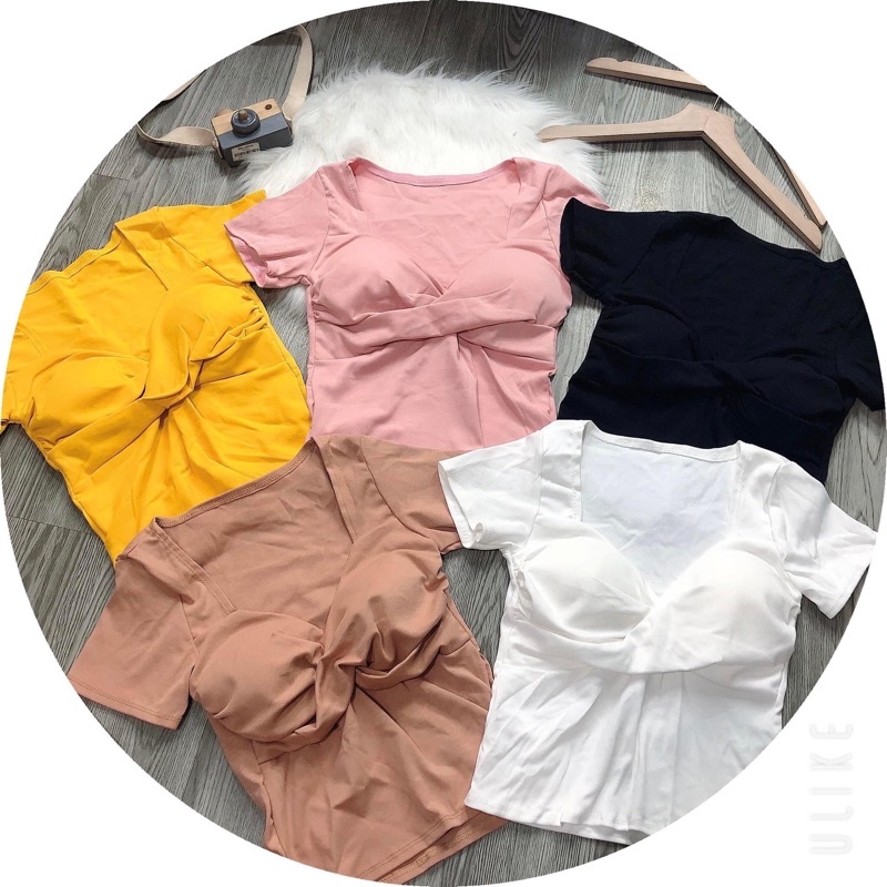 Áo thun body croptop xoắn ngực tay ngắn kèm video hình thật