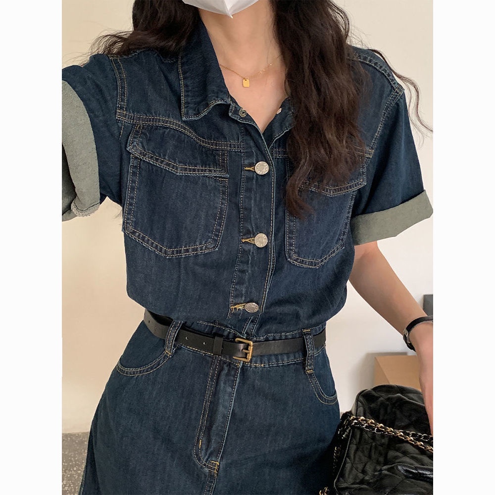 Đầm midi denim Cổ polo Ôm Eo Đơn Giản Thời Trang Hàn Quốc