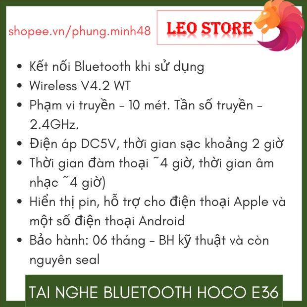 Tai nghe Bluetooth HOCO E36 - Sản phẩm chính hãng có bảo hành - Cam kết hinh thật