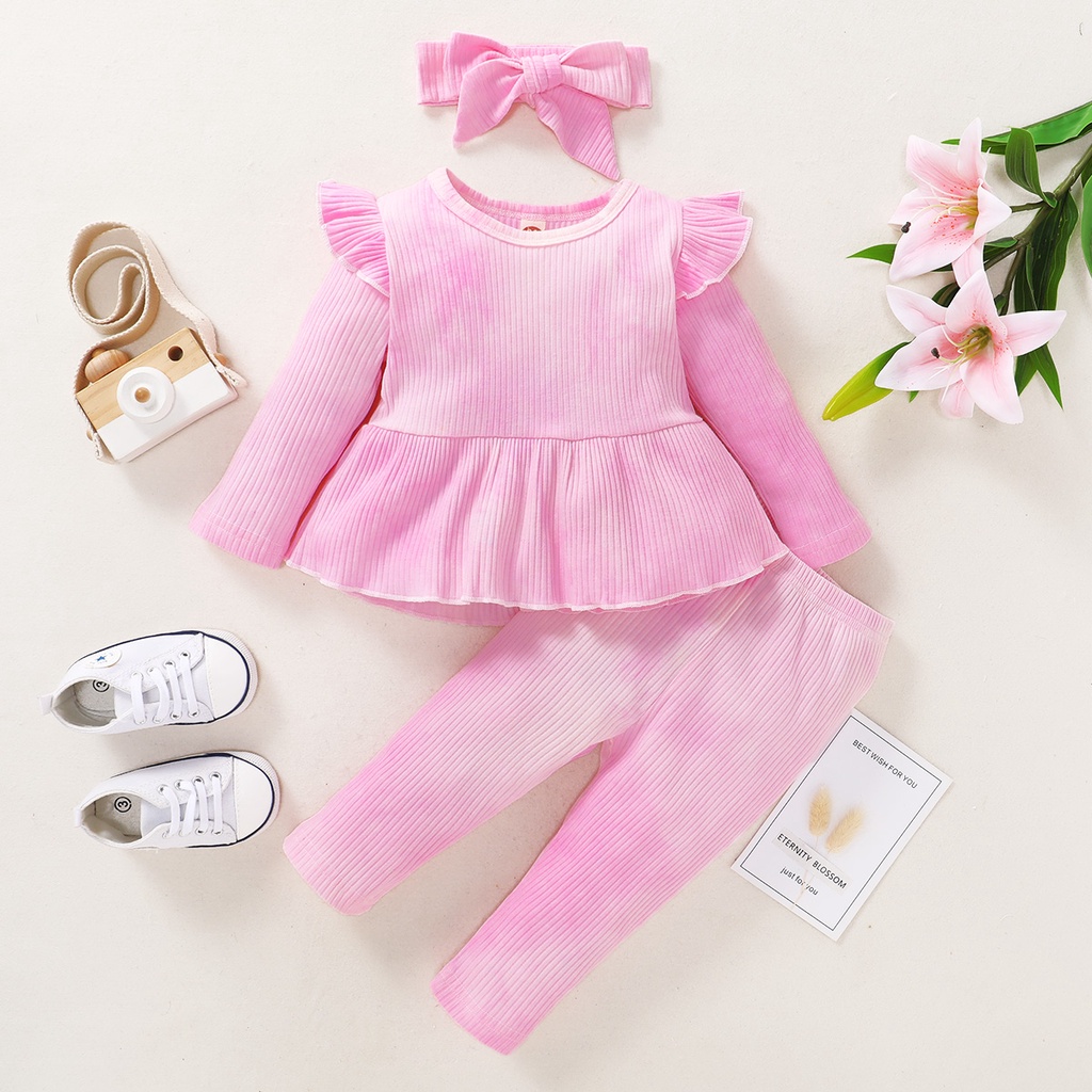 Bộ 3 món MIKRDOO Áo tay dài và Quần kèm Băng đô bằng cotton dành cho bé gái sơ sinh/ tập đi