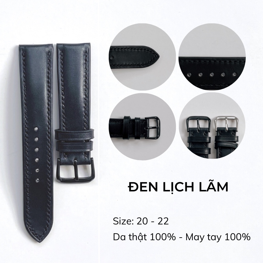 Dây Đồng Hồ Da Bò Nam 20mm, 22mm, Da Thật Chính Hãng, Màu Đen Chỉ Đen, Handmade Cao Cấp, Chống Nước, Bảo Hành 12 Tháng