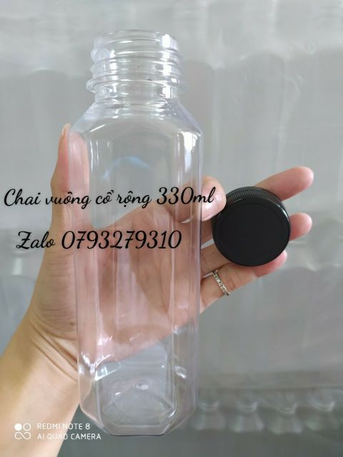 100 chai vuông 330ml miệng rộng fi 38 ( nắp đen)