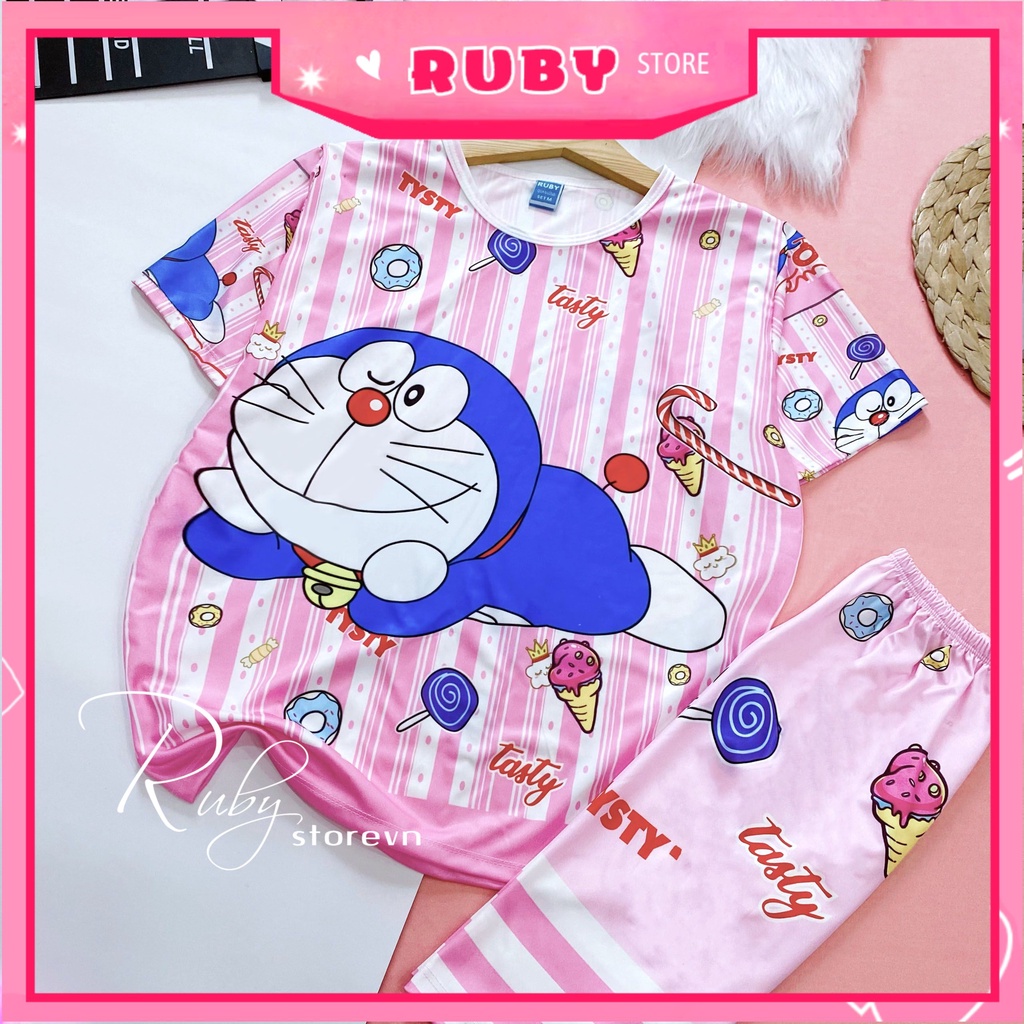 Đồ bộ thun QUẦN LỬNG cho bé mặc nhà size đến 70kg vải mềm mát in hình Doremon kitty Hoạt hình dễ thương DBRBL FULL SIZE