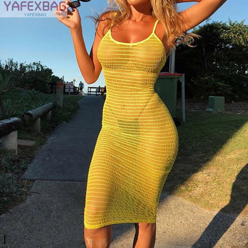 Ladies Women's Dress Crew neck Bodycon Casual Midi Slim fit Spaghetti strap
