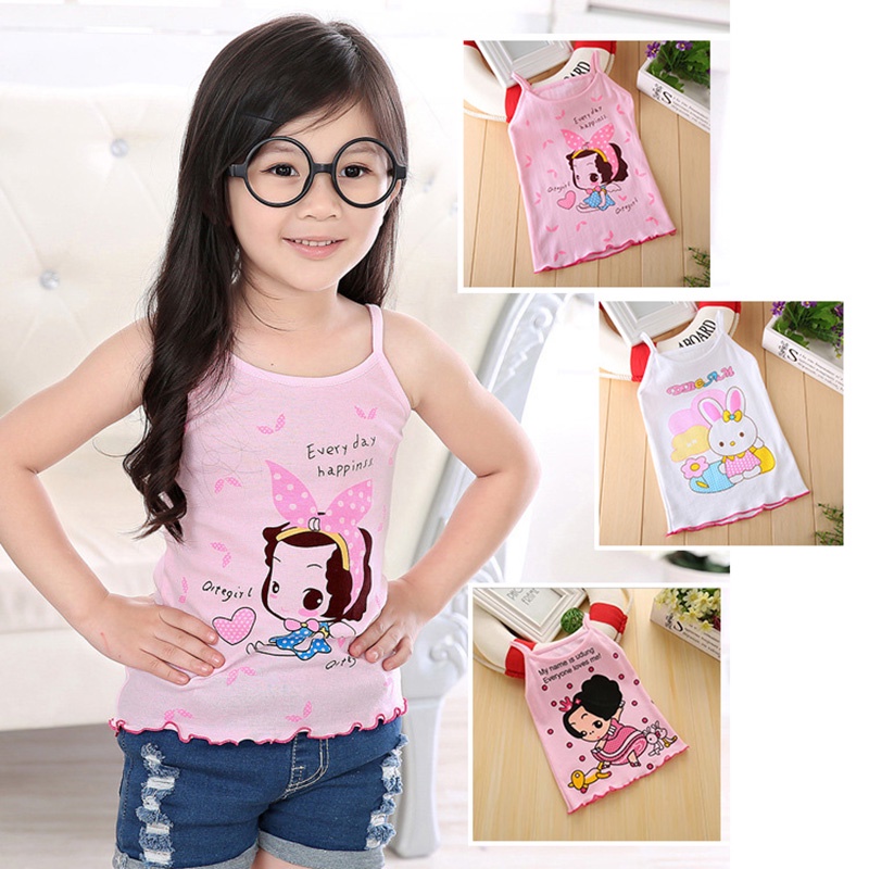 Áo Hai Dây Cotton In Họa Tiết Hoạt Hình Đáng Yêu Thời Trang Mùa Hè Cho Bé Gái 3-7 Tuổi