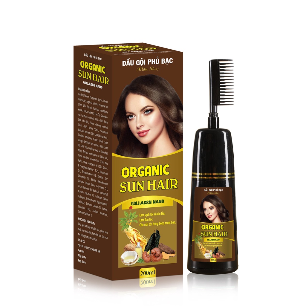 Dầu gội phủ bạc OGANIC SUN HAIR chính hãng đen tóc nâu tóc giúp tóc khỏe mạnh mềm mượt chai 200ml