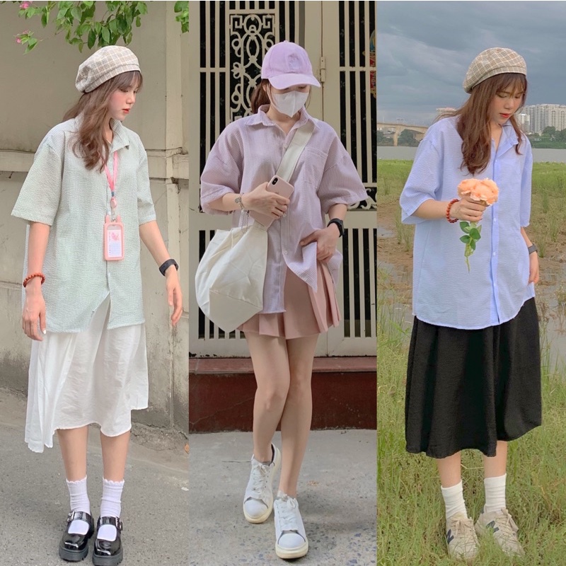 🌱 SƠ MI TAY LỠ KẺ SỌC MÀU XANH TRỜI ULZZANG ĐŨI XỐP 🌱 SƠ MI CỘC TAY KẺ SỌC 3 MÀU