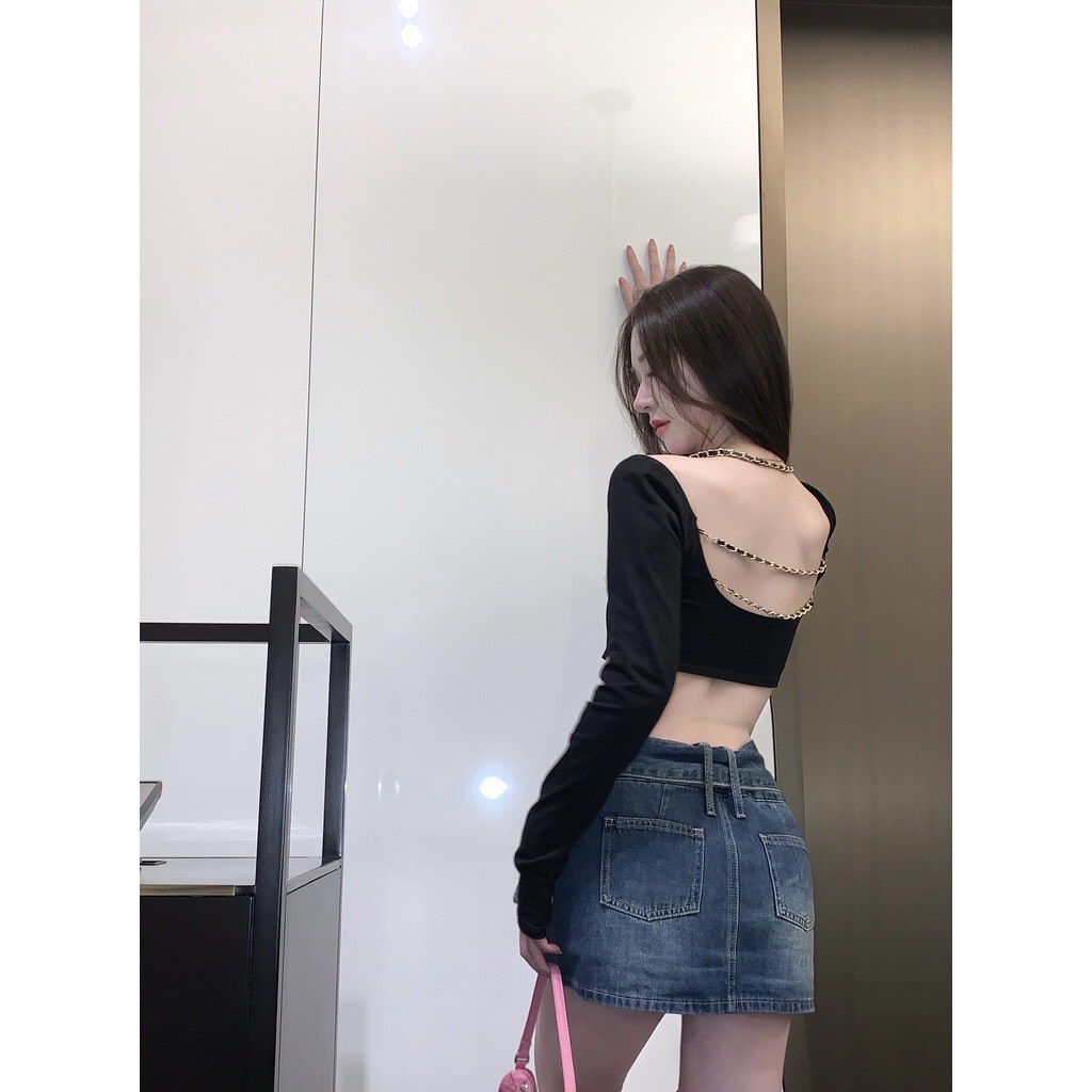 Áo thun nữ tay dài hở lưng phối dây xích, áo croptop ôm body dây xích khoe lưng A282