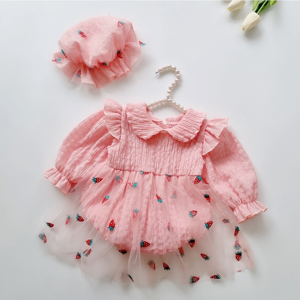 Bodysuit cho bé gái sơ sinh chất liệu cotton xốp mềm mại ⚡ 𝗙𝗥𝗘𝗘𝗦𝗛𝗜𝗣 ⚡ Set body váy cho bé gái kèm mũ màu hồng dễ thương