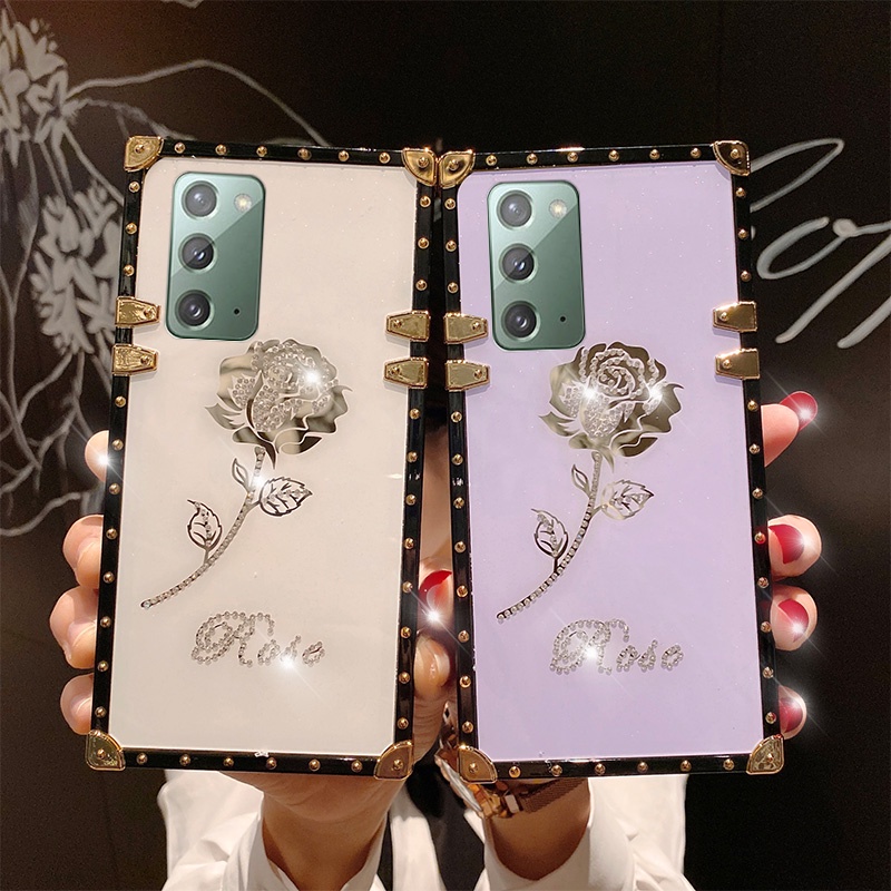 Ốp Điện Thoại Vuông Chống Sốc Họa Tiết Hoa Hồng Đính Kim Cương Cho Samsung Note 20 Ultra 20+ Note 10 10+ Note 9 Note 8