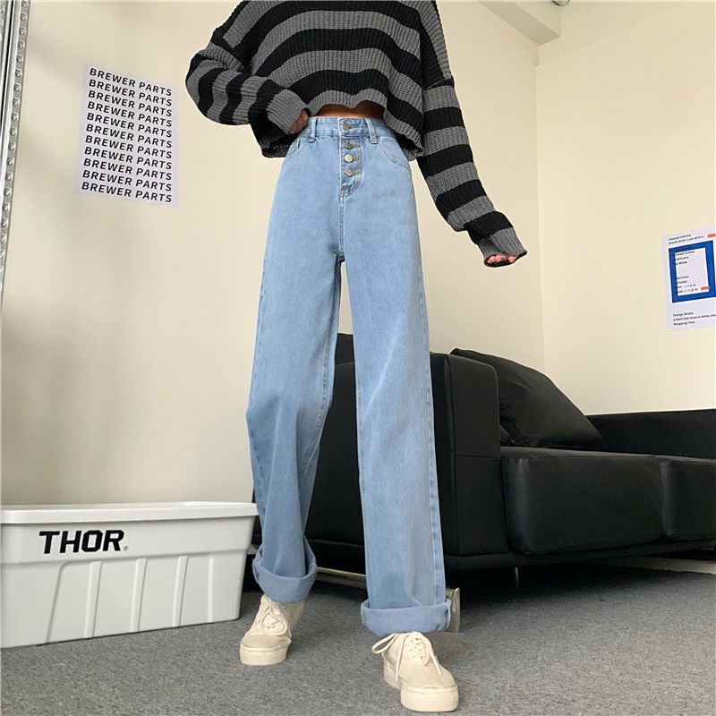 IELGY Quần denim Lưng Cao Dáng Rộng Màu Xanh Dương Phong Cách Hàn Quốc Thời Trang Cho Nữ