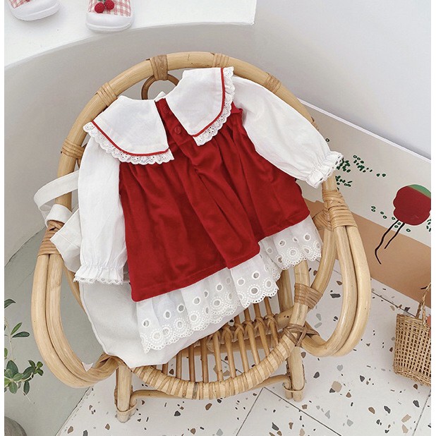 Set váy đầm yếm đỏ hình thỏ cho bé gái