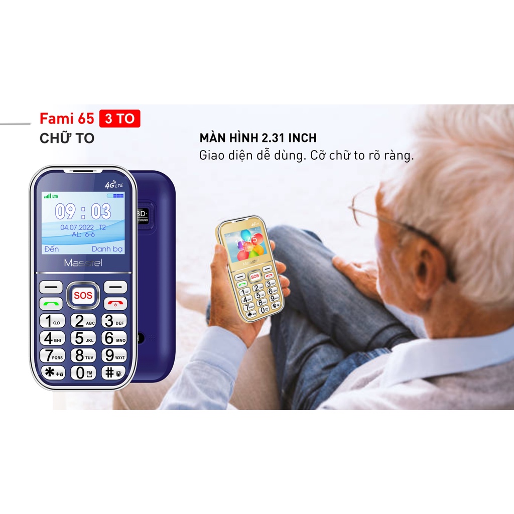 Điện thoại Masstel Fami 65 4G - Gọi HD Call ,Tặng đế sạc , Màn hình lớn , Phím bấm to - Hàng chính hãng
