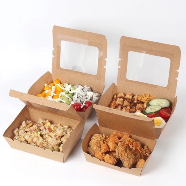 50 hộp giấy Kraft nắp gập có mặt kính trong đựng salad, thức ăn các loại size 700ml, 900ml, 1200ml hoặc 1600ml | Shopee Việt Nam