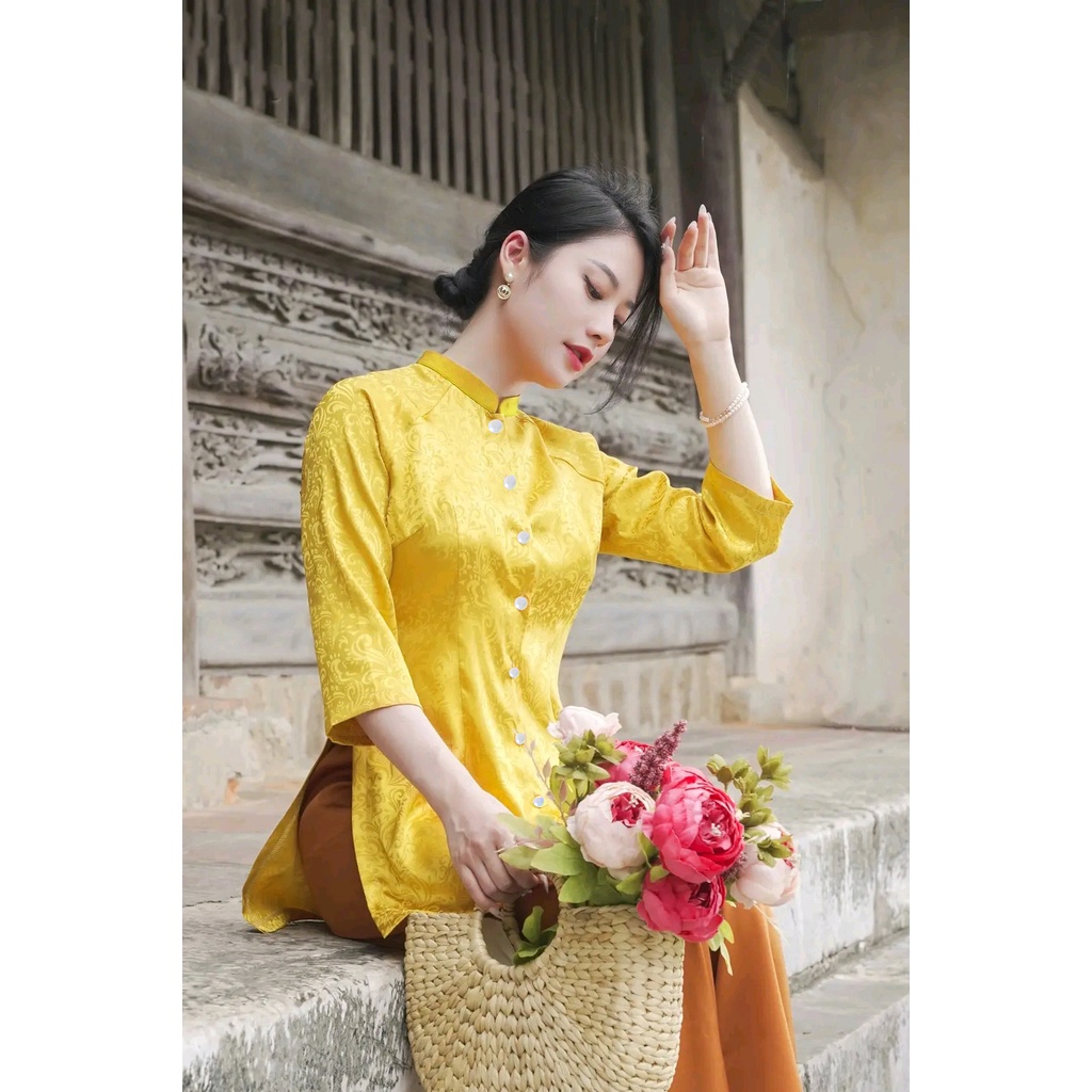 Áo bà ba lụa gấm vân cao cấp đi lễ chùa thiết kế cách tân đồ lam truyền thống hàng loại 1 kèm quần may sẵn