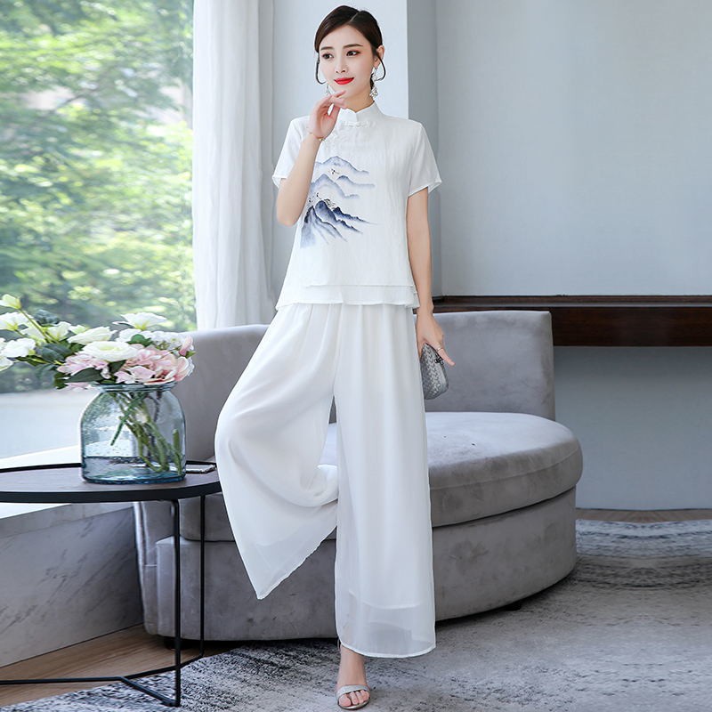 Đĩa đơn hoặc bộ đồ nữ Hanfu nút giả vải lanh phía trên Quần ống rộng voan Dịch vụ trà thêu phong cách Trung QuốcZZ