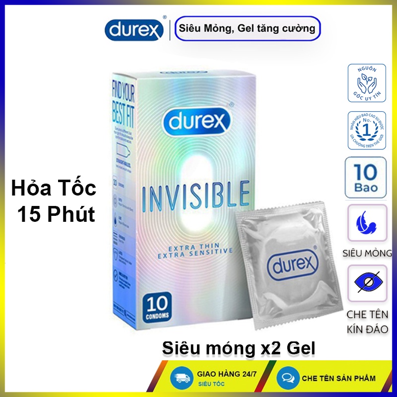 Bao cao su siêu mỏng Durex Invisible Extra Thin Extra Sensitive 10 bao. Bao Durex siêu mỏng, nhiều gel