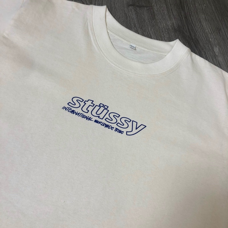 Áo Thun Stussy Bape Basic Tay Lở Form Rộng Unisex Màu Kem Be Đen Vintage