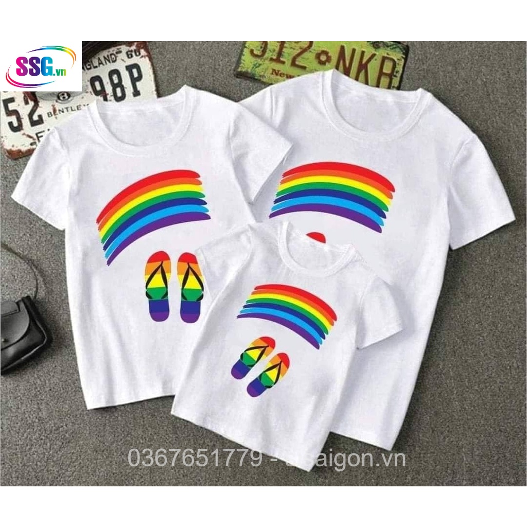 Áo gia đình Đôi Dép Cầu Vòng đồng phục gia đình 3/4/5 người áo thun cotton mềm mịn màu trắng chất dày dặn mặt mát đi bển