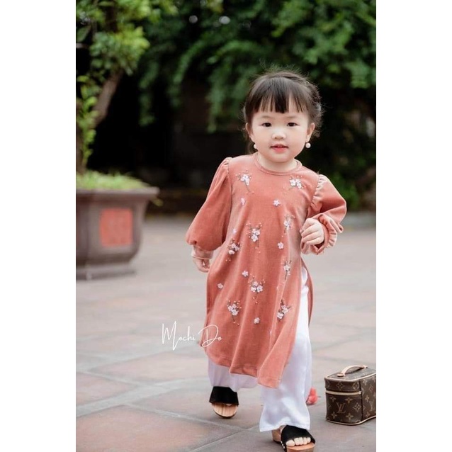 Áo Dài Nhung Cho Gái Hoa Xuân Hoa Kết Nổi Set 3 Chi Tiết