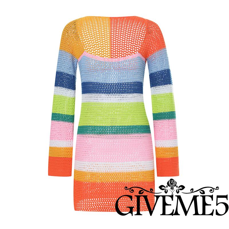 Đầm Chữ A Cổ Vuông Tay Dài Họa Tiết Kẻ Sọc Màu Sắc Tương Phản Thời Trang Đi Biển Cho Nữ