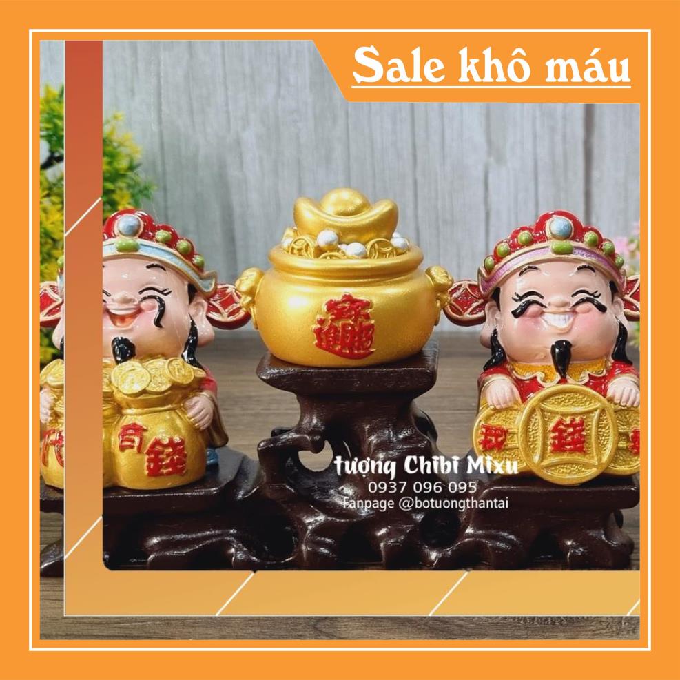 Bộ 02 tượng Thần Tài 7cm cao cấp kèm túi vàng và chân đế tam cấp vuông nhỏ