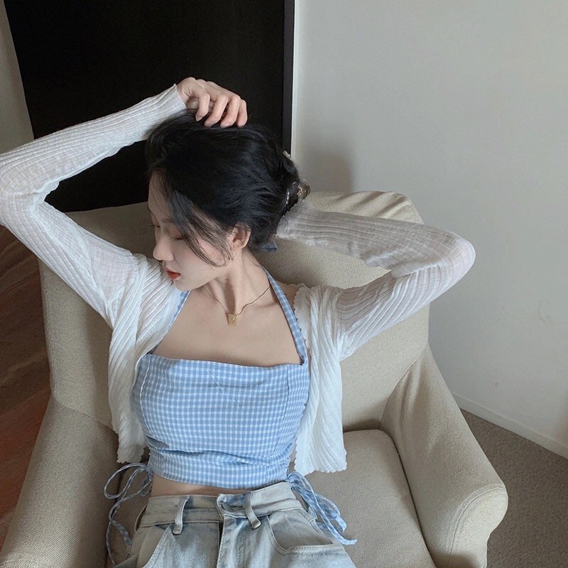 [sẵn áo dây M] Áo dây croptop kẻ xanh và áo len mỏng khoác ngoài | BigBuy360 - bigbuy360.vn