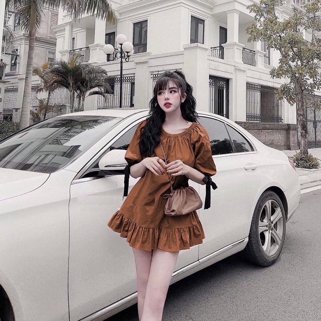 [8.8 Sales Freeship] Đầm tiểu thư babydoll cổ tròn tay búp, đầm xòe đuôi cá cột nơ tay dáng ngắn bánh bèo