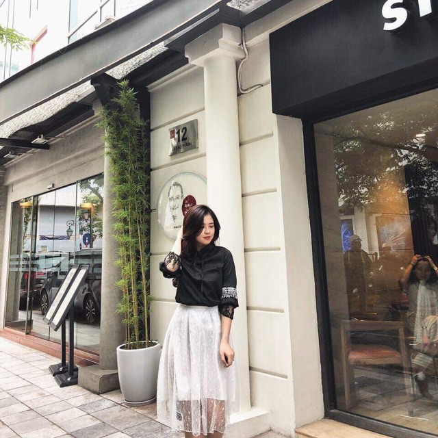 Chân váy ren hoa tiểu thư dáng xoè flo skirt 2 lớp có lót bên trong