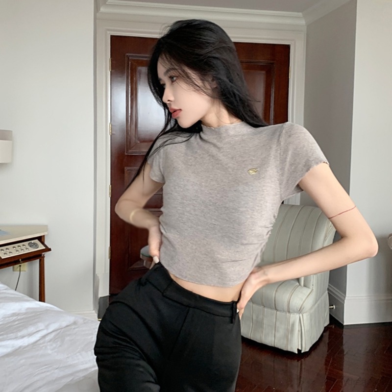 Áo Thun Baby Tee Nữ Tay Ngắn Áo Croptop Dệt Kim Cổ Tròn Màu Sắc Đơn Giản Cho Nữ