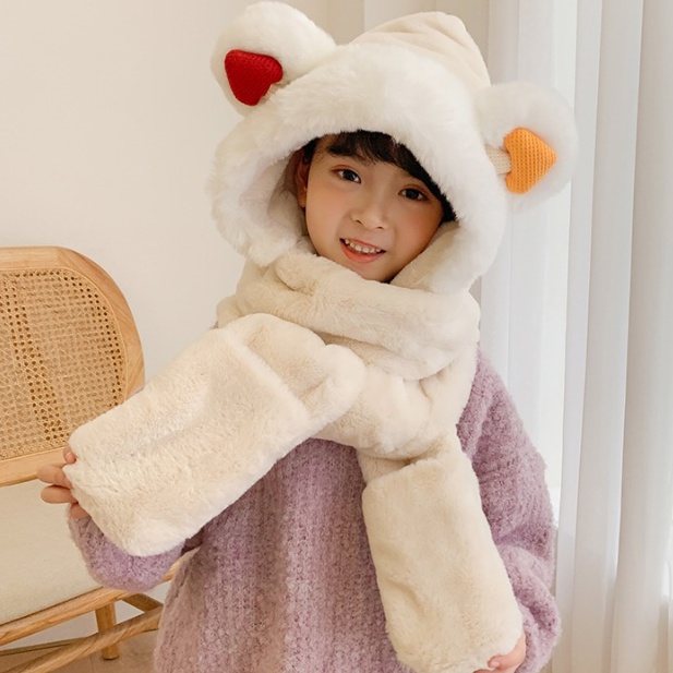 Mũ Lông Cừu Tai Gấu Kèm Khăn Quàng Cổ Và Găng Tay Ấm Áp Ulzzang Hàn Quốc Cho Bé Mùa Thu Đông