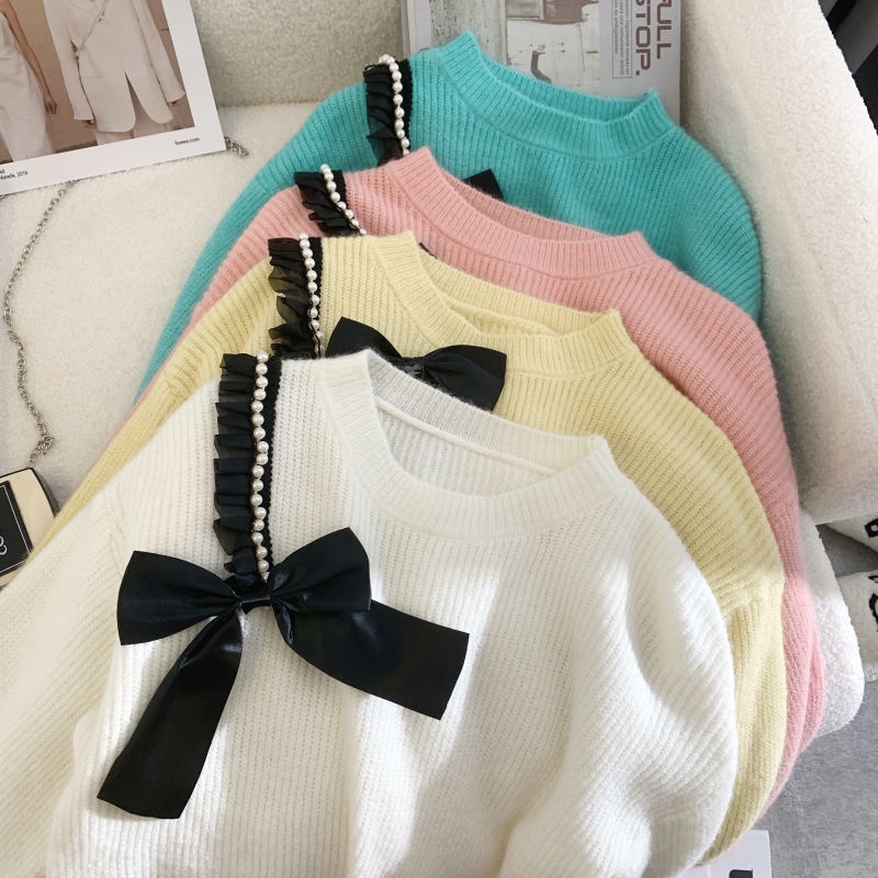 Áo Sweater Dáng Rộng Thiết Kế Thắt Nơ Phong Cách Hàn Quốc Thời Trang Thu Đông Mới Cho Nữ