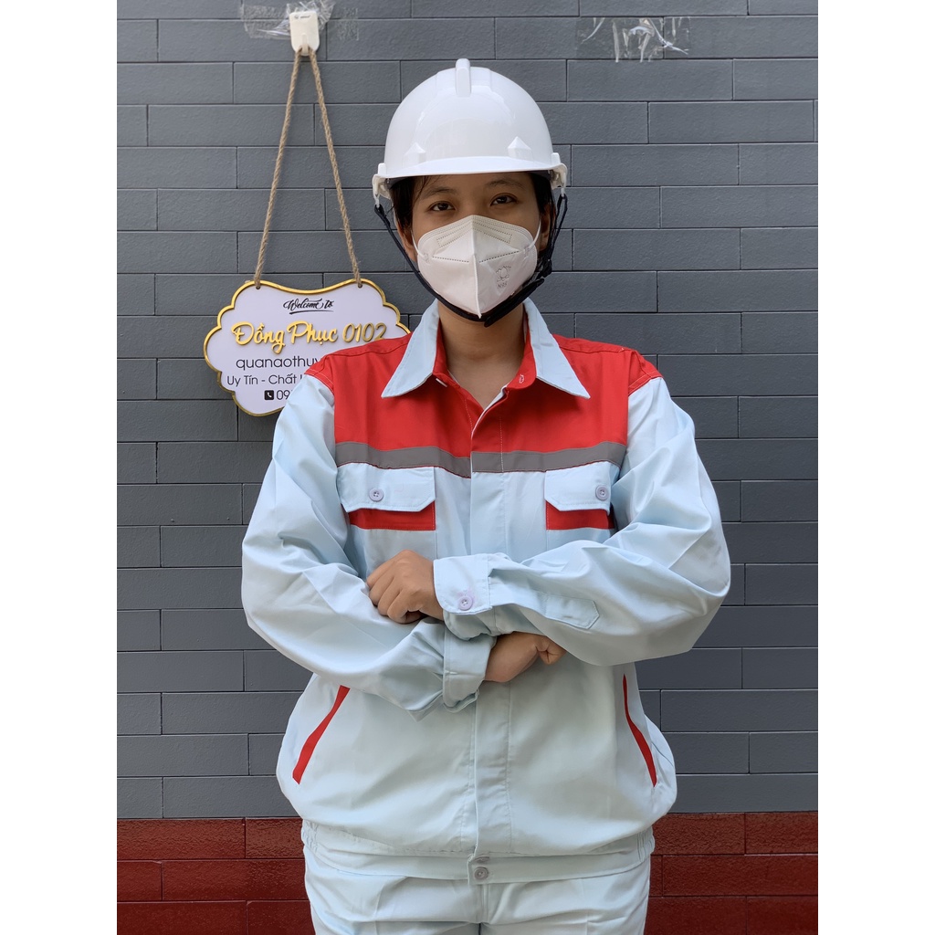 Quần áo bảo hộ lao động màu xám kem phối đỏ dài tay dành cho Nam và nữ