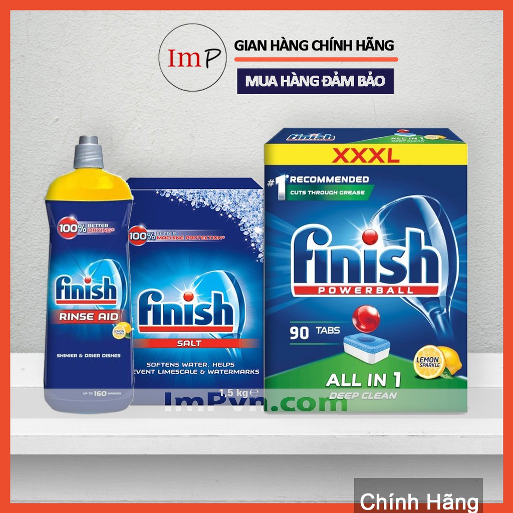 Combo Viên rửa bát Finish Hộp All in one (100 viên hoặc 90 viên), Muối 1.5kg, Nước làm bóng 800ml